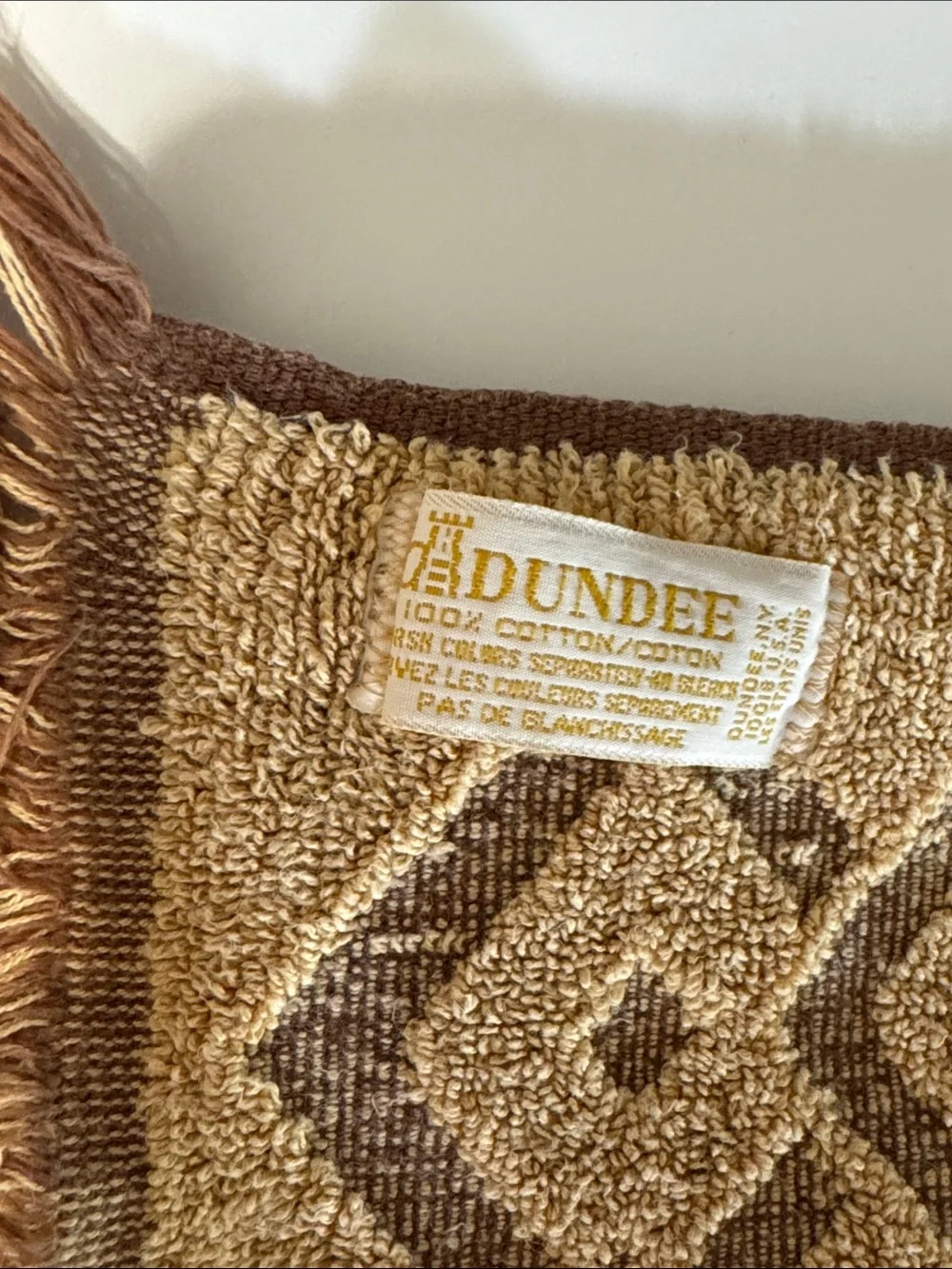 Vtg Dundee 3 Pc Towel Set Southwestern Aztec Geometric Beige Brown Fringe MCM US